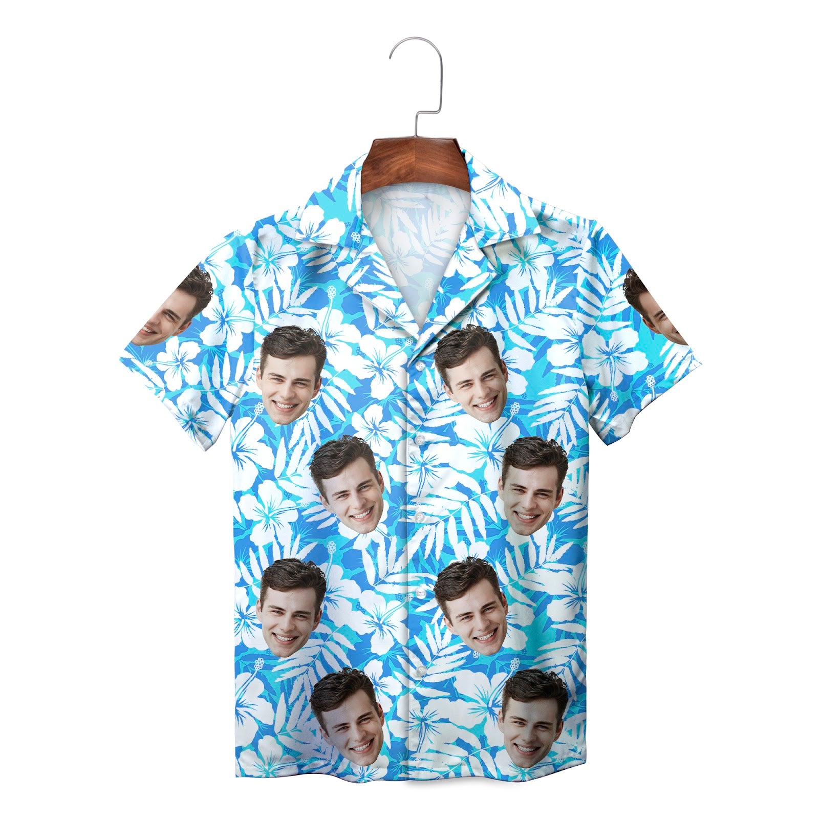 Personalised face print blue tropical hibiscus Hawaiian shirt