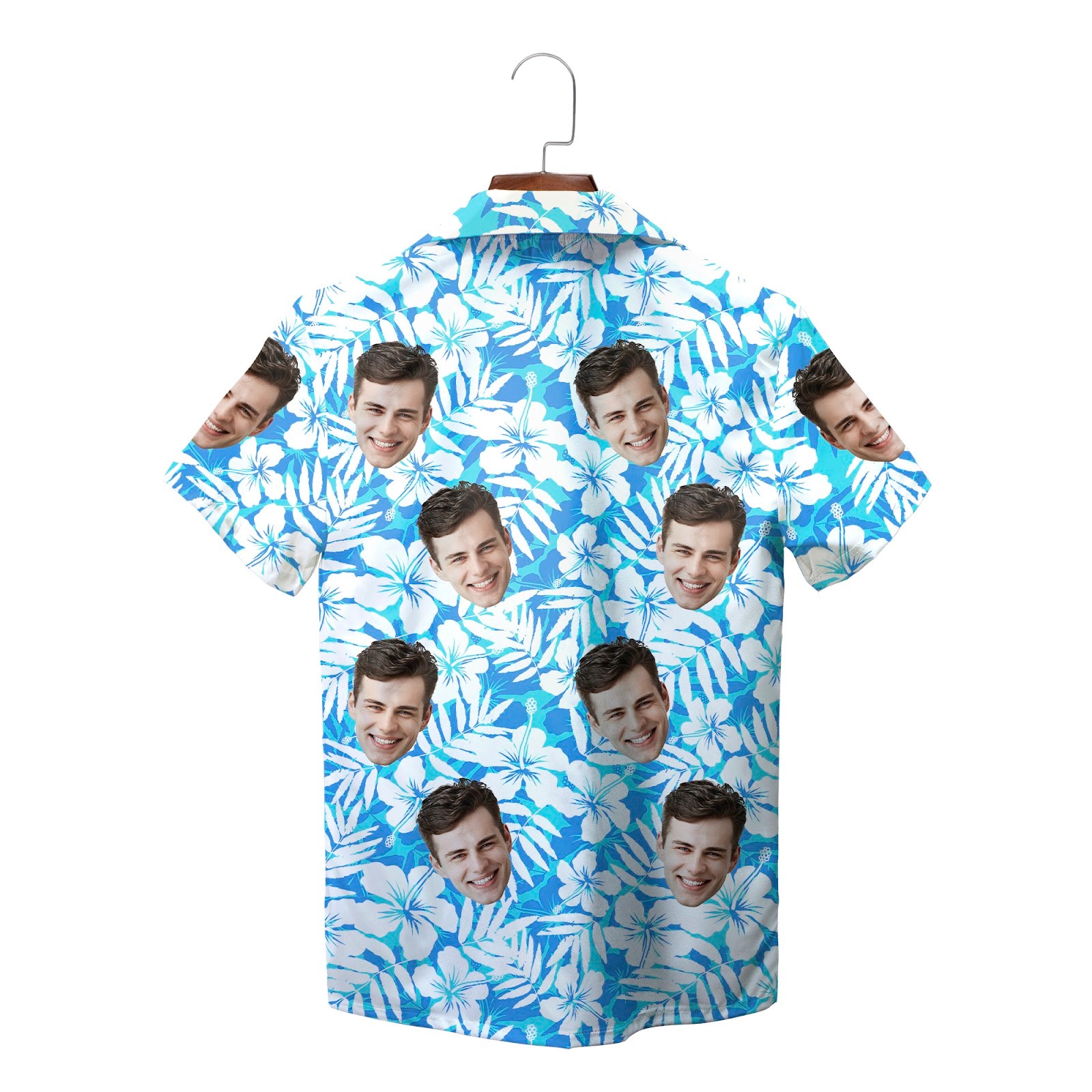 Personalised face print blue tropical hibiscus Hawaiian shirt variant 2