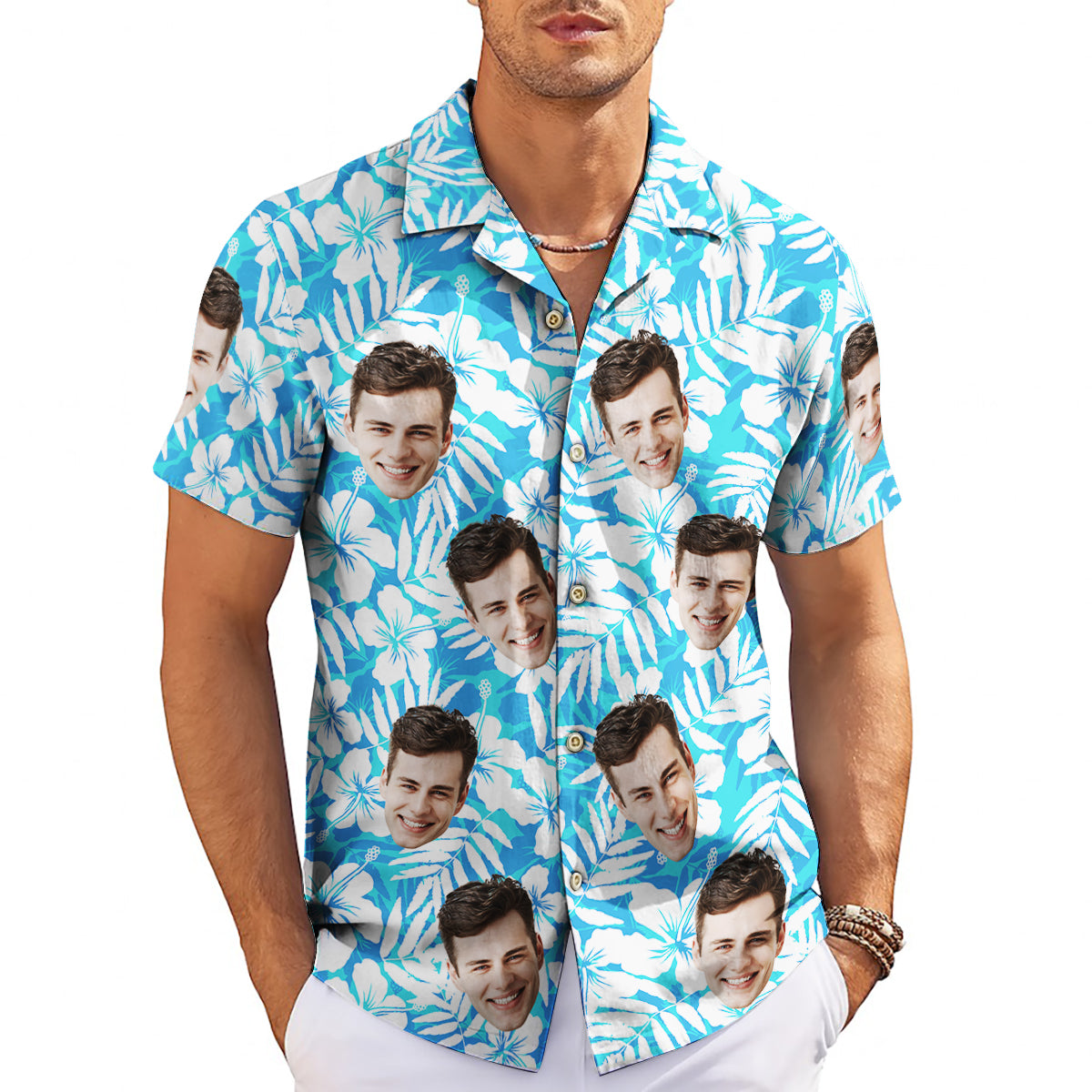 Personalised face print blue tropical hibiscus Hawaiian shirt variant 3