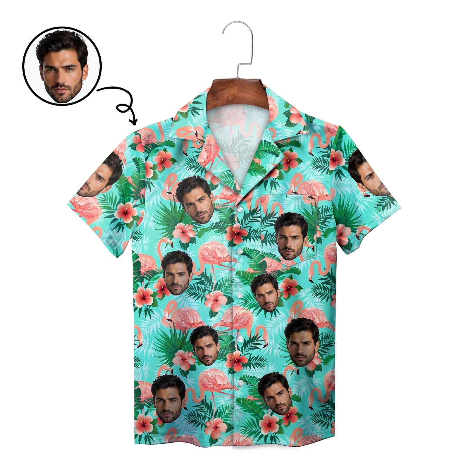 Mint green Hawaiian shirt with custom face flamingo pattern