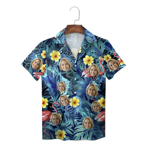 Blue tropical flamingo Hawaiian shirt with custom face print
