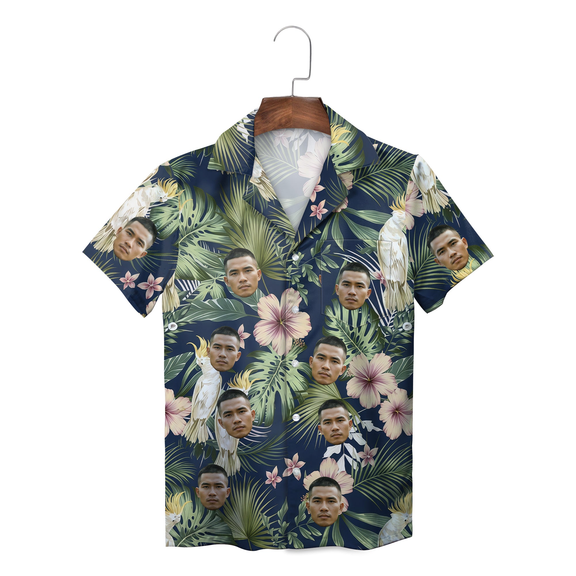 Navy tropical Hawaiian shirt with custom face cockatoos hibiscus