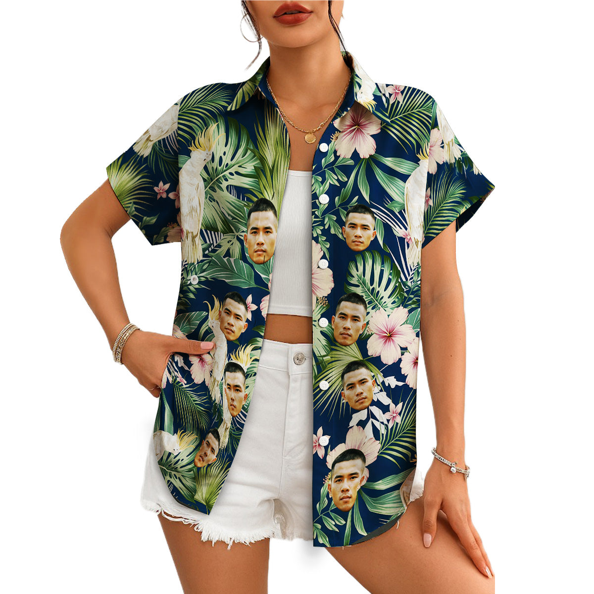 Navy tropical Hawaiian shirt with custom face cockatoos hibiscus variant 4
