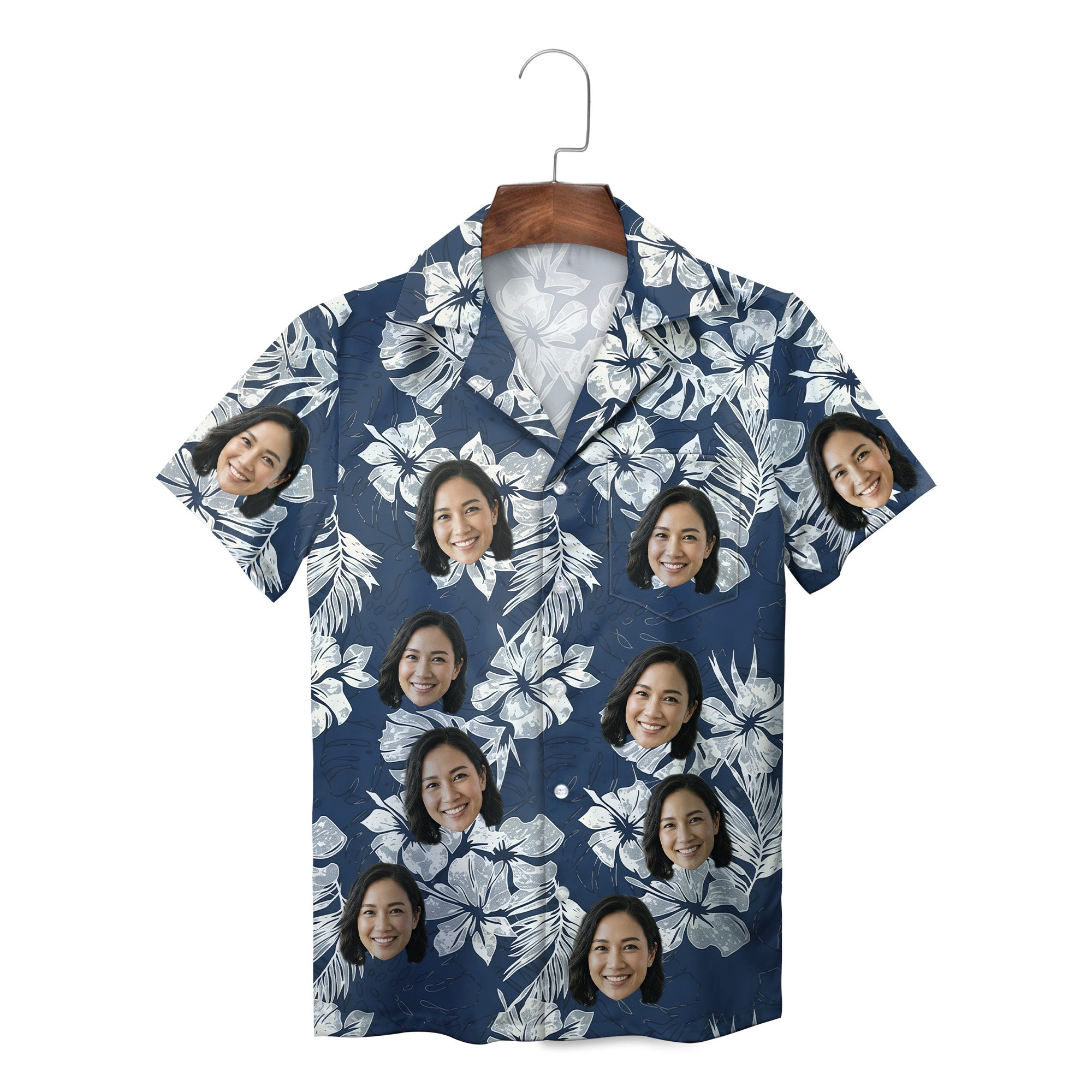 Navy floral personalised face photo Hawaiian shirt on hanger