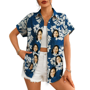 Navy floral personalised face photo Hawaiian shirt on hanger variant 4