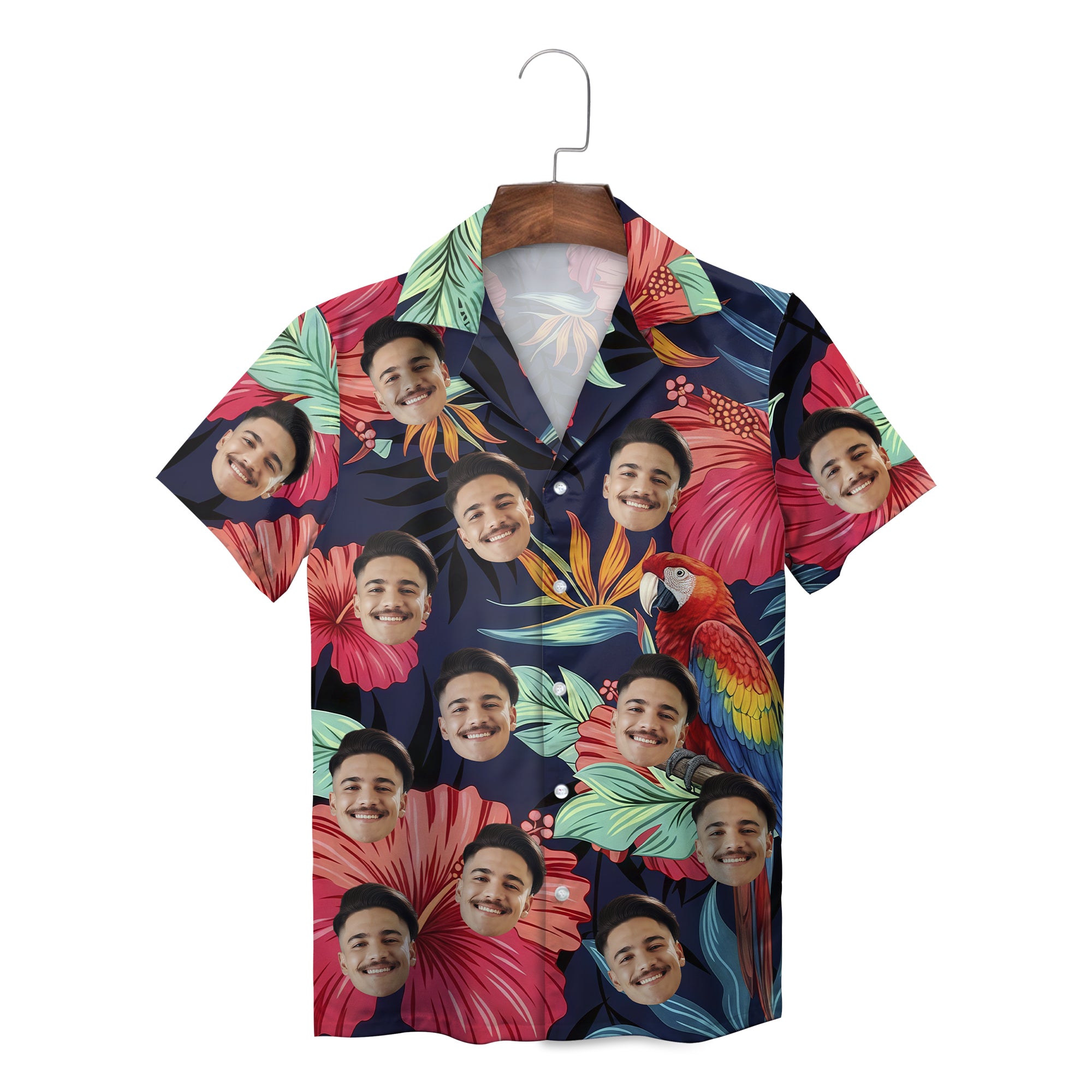 Navy Hawaiian shirt with repeated face cutouts hibiscus macaw