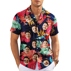 Navy Hawaiian shirt with repeated face cutouts hibiscus macaw variant 3