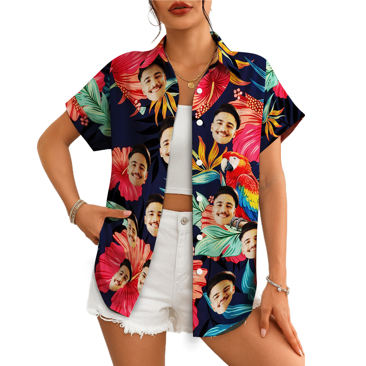 Navy Hawaiian shirt with repeated face cutouts hibiscus macaw variant 4