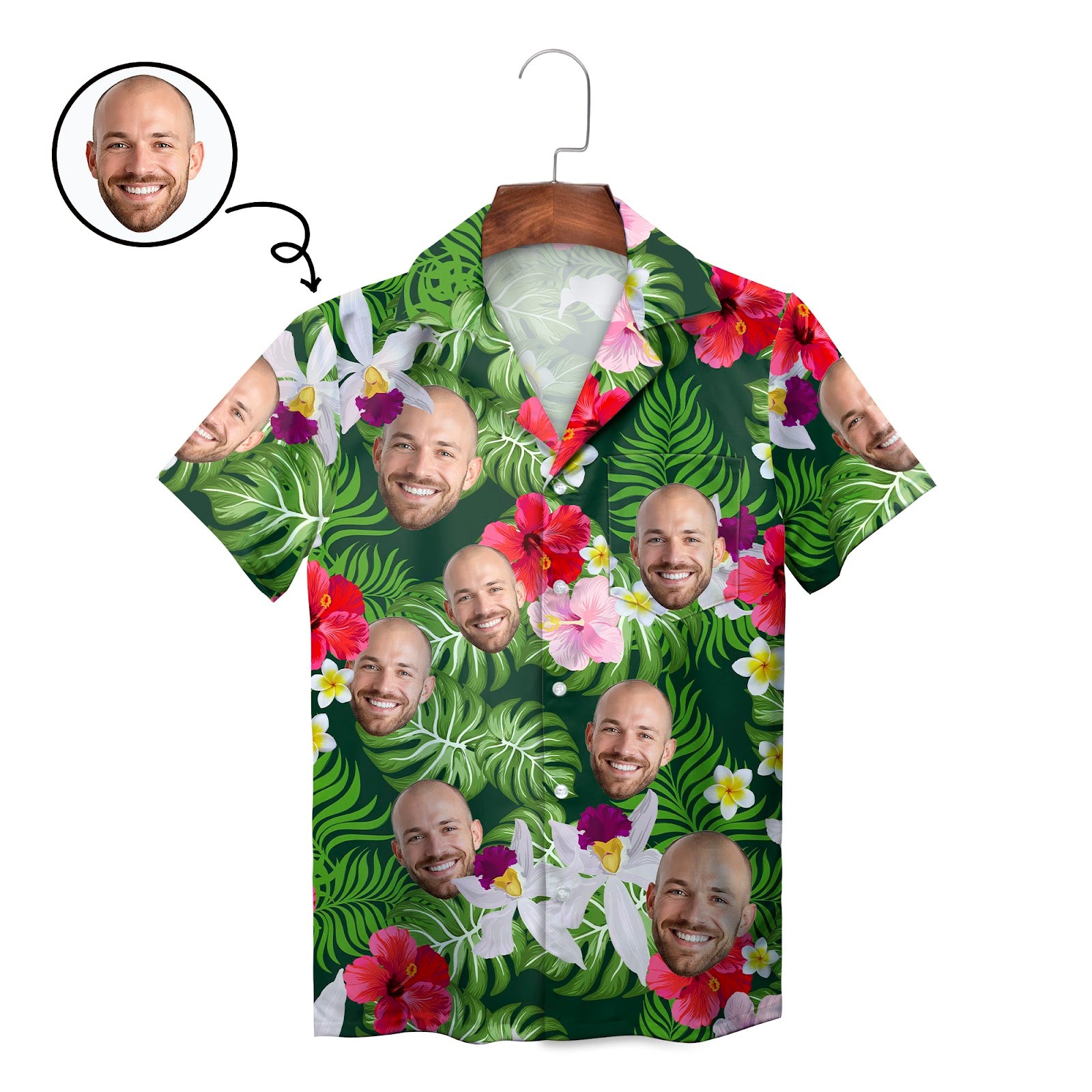 Green tropical floral Hawaiian shirt featuring custom face print
