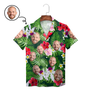 Green tropical floral Hawaiian shirt featuring custom face print