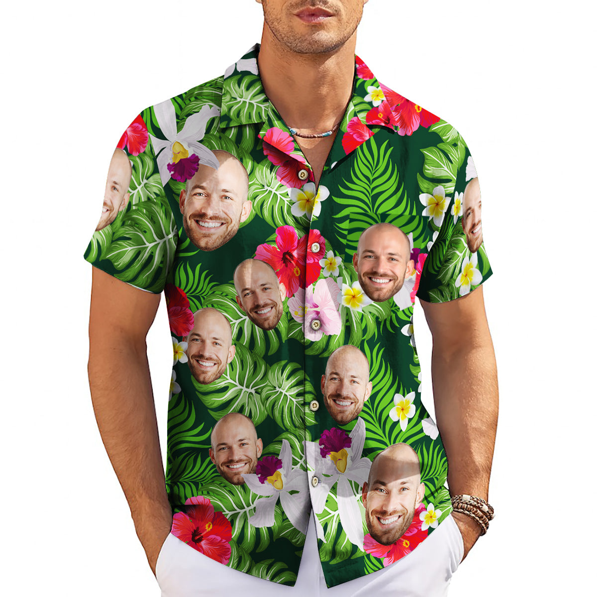 Green tropical floral Hawaiian shirt featuring custom face print variant 4