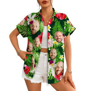 Green tropical floral Hawaiian shirt featuring custom face print variant 5