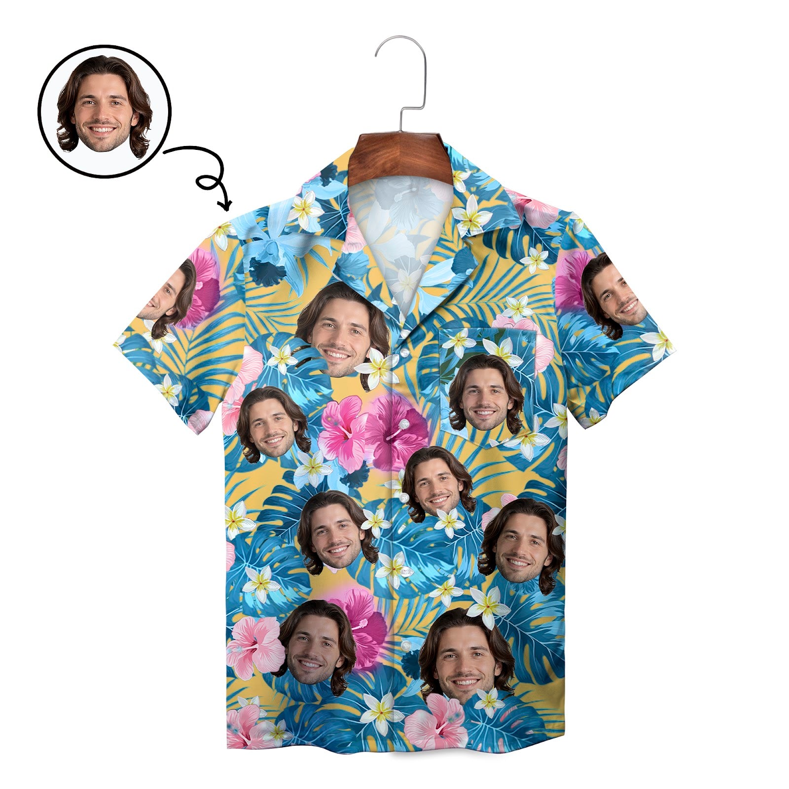 Personalised face print floral tropical Hawaiian shirt mockup