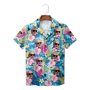 Custom face photo Hawaiian shirt blue palm pink hibiscus print