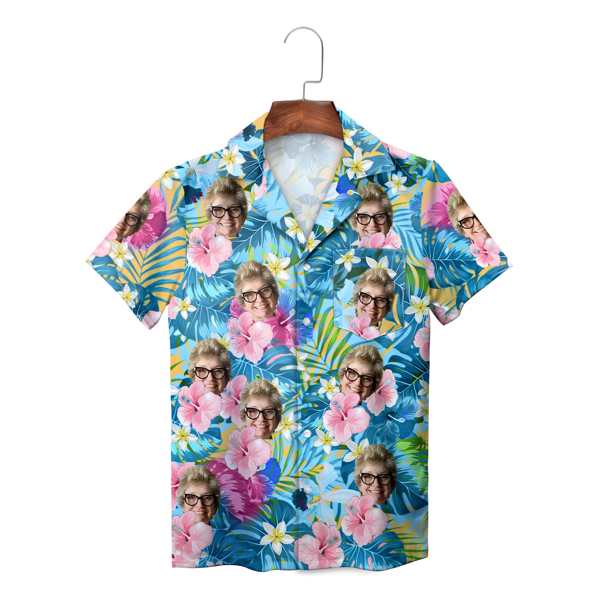 Custom face photo Hawaiian shirt blue palm pink hibiscus print variant 2