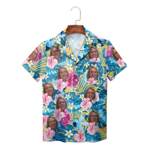 Custom face photo Hawaiian shirt blue palm pink hibiscus print variant 4