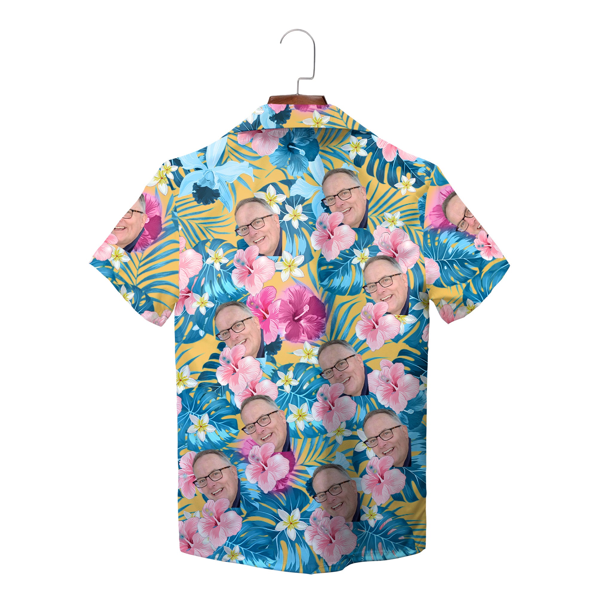 Custom face photo Hawaiian shirt blue palm pink hibiscus print variant 7