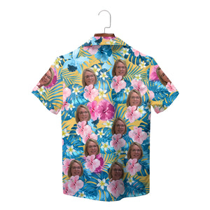 Custom face photo Hawaiian shirt blue palm pink hibiscus print variant 8