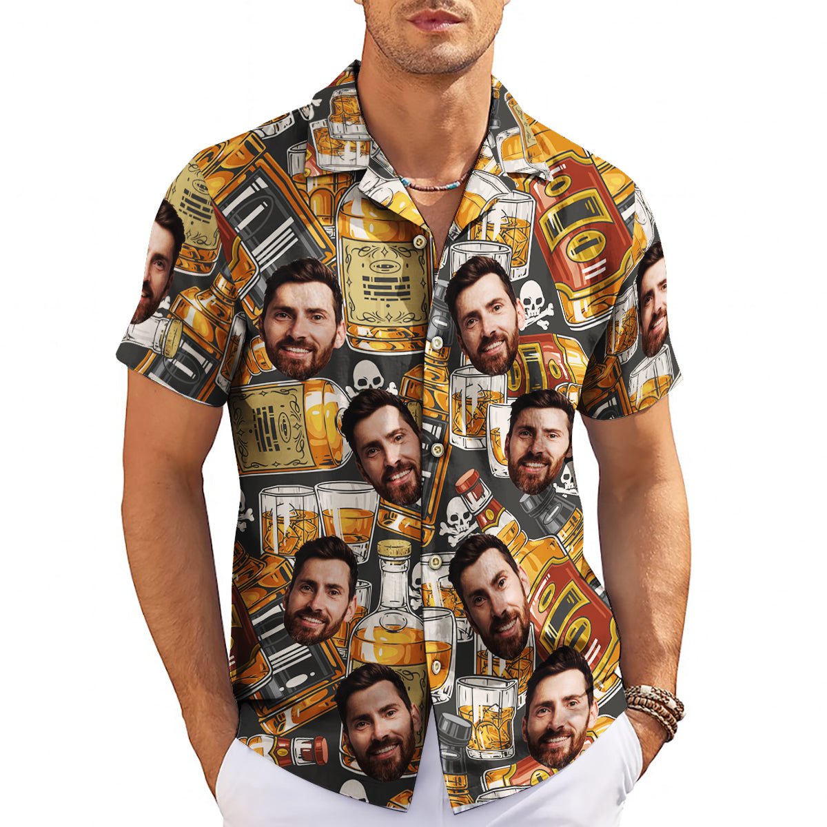 Personalised face print Hawaiian shirt whisky bottle skulls variant 3