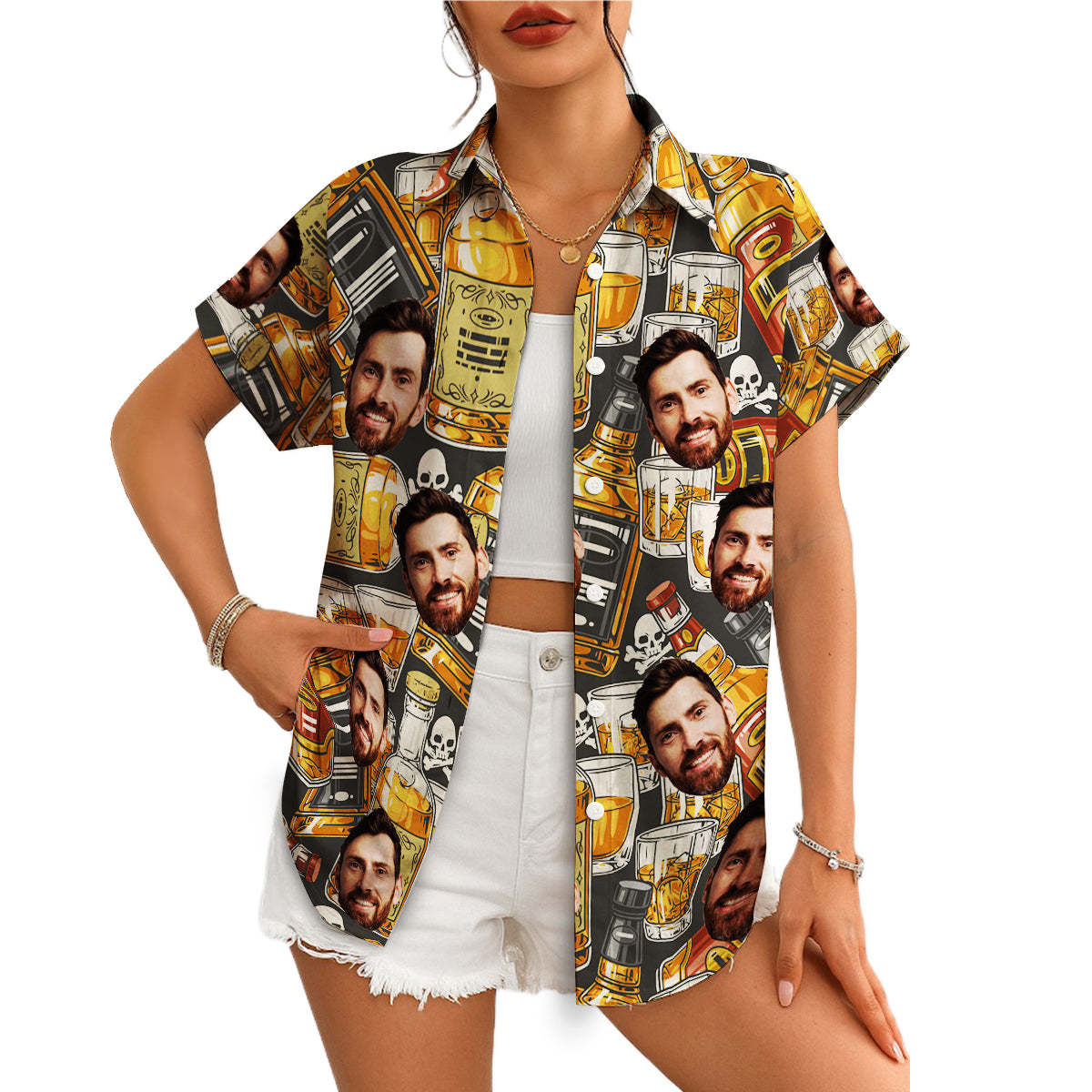 Personalised face print Hawaiian shirt whisky bottle skulls variant 4