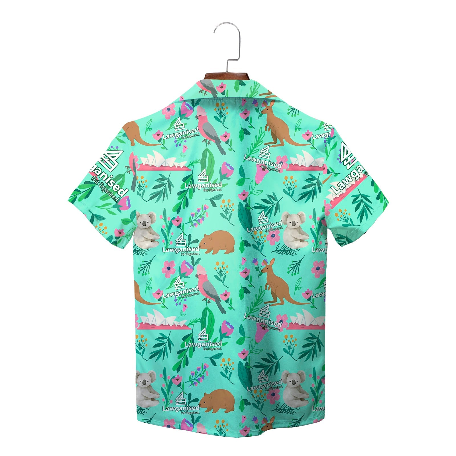 Mint green Hawaiian shirt with koalas kangaroos flowers logo variant 2