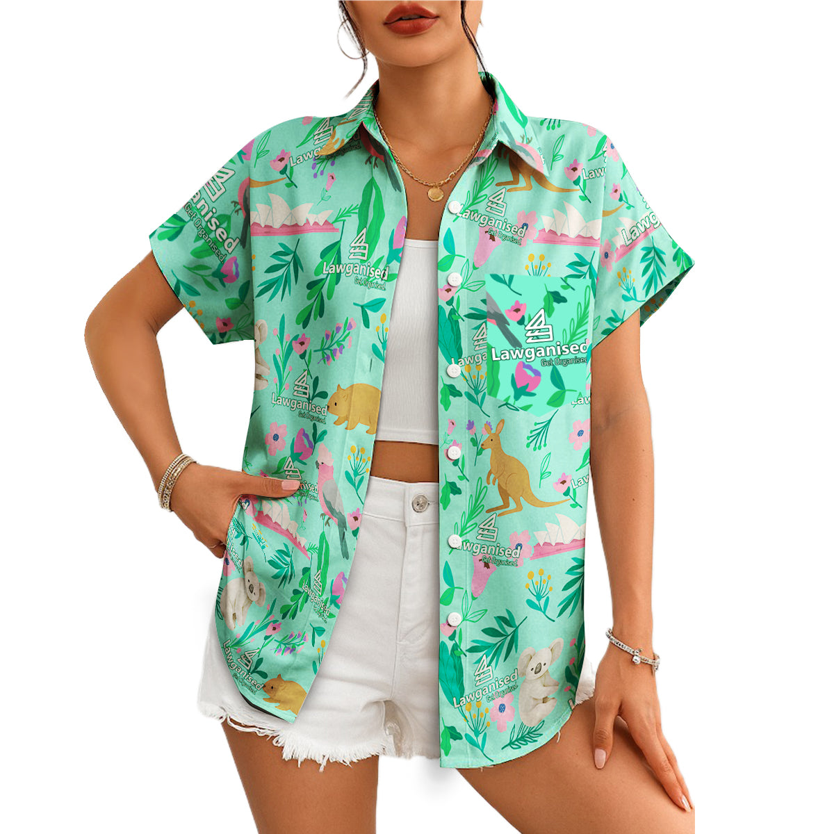 Mint green Hawaiian shirt with koalas kangaroos flowers logo variant 4