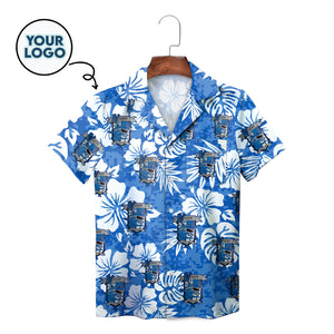Blue tropical hibiscus Hawaiian shirt with custom logo print