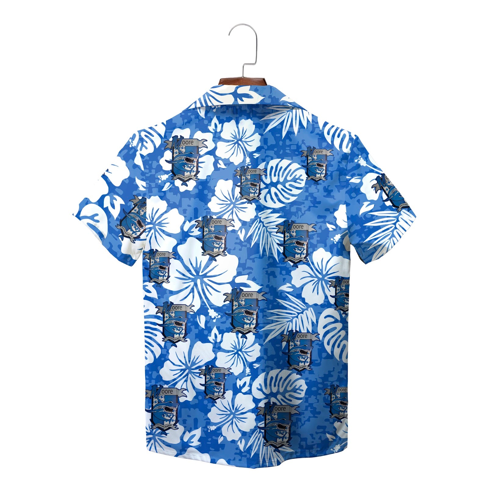 Blue tropical hibiscus Hawaiian shirt with custom logo print variant 2