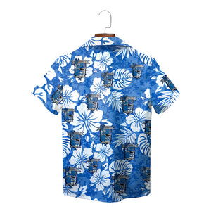 Blue tropical hibiscus Hawaiian shirt with custom logo print variant 2