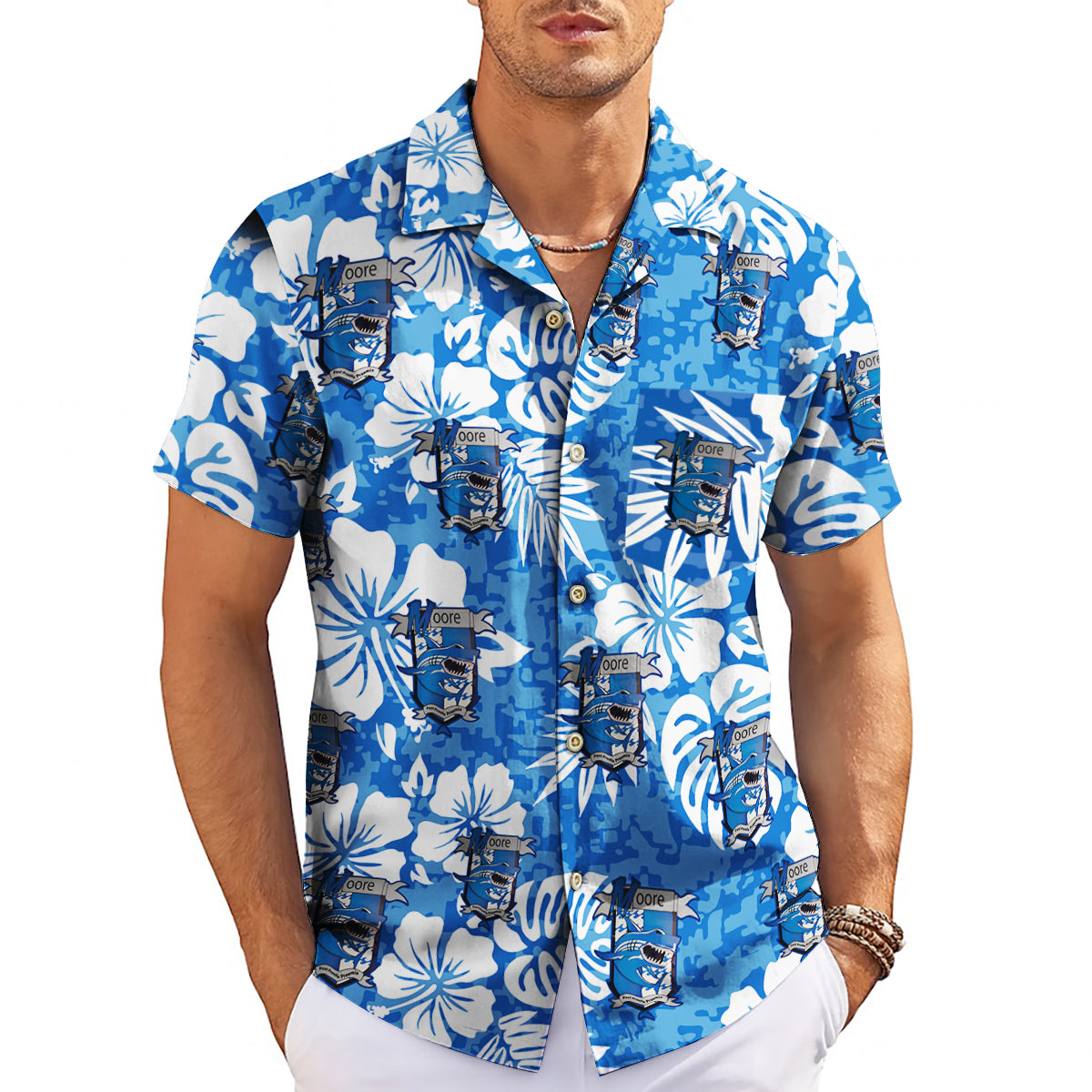 Blue tropical hibiscus Hawaiian shirt with custom logo print variant 3