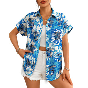 Blue tropical hibiscus Hawaiian shirt with custom logo print variant 4
