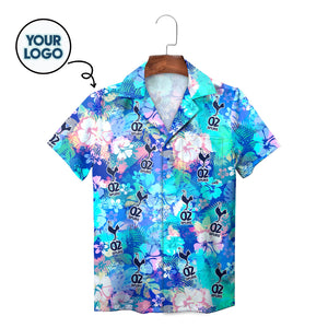 Blue tropical hibiscus personalised logo Hawaiian shirt mockup