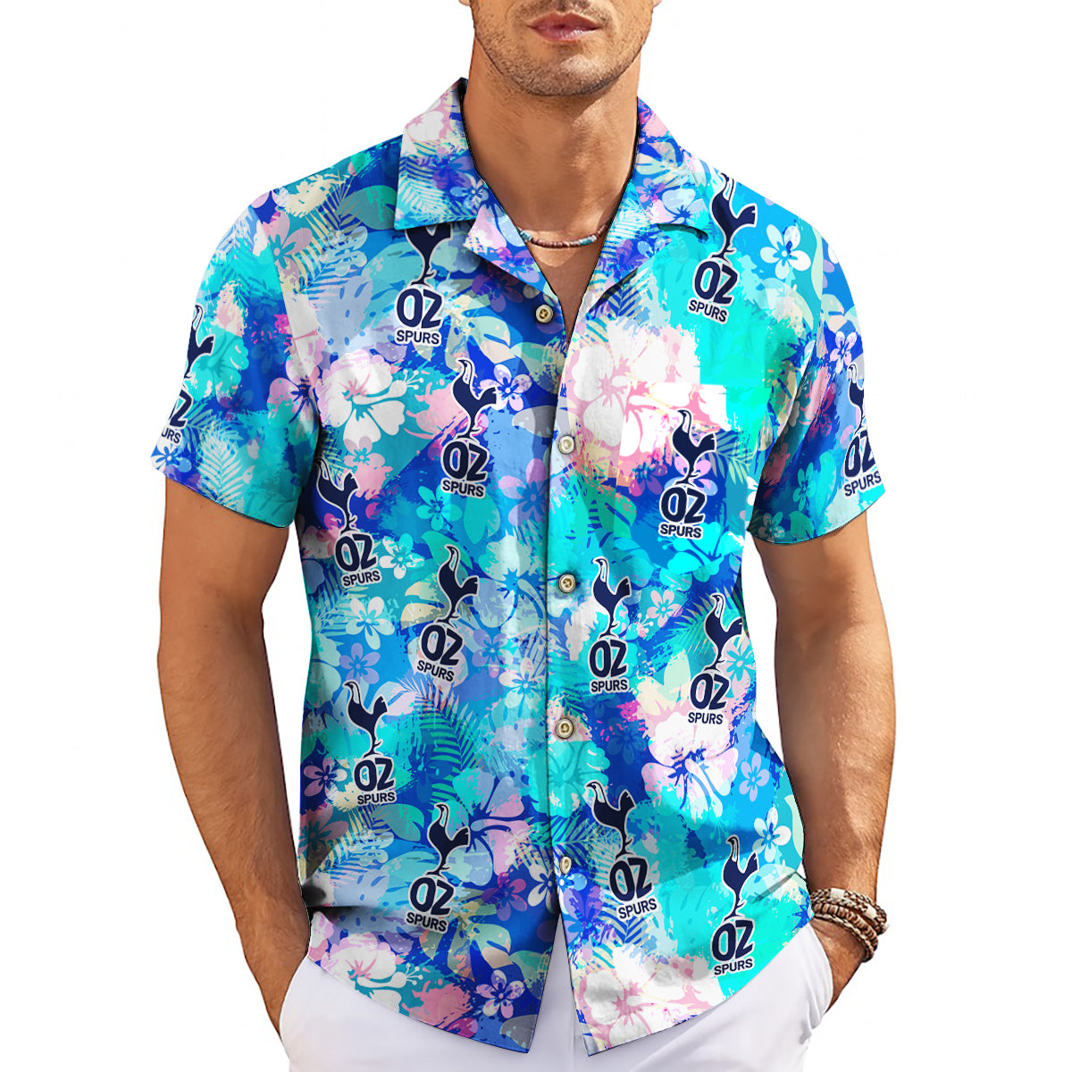 Blue tropical hibiscus personalised logo Hawaiian shirt mockup variant 3