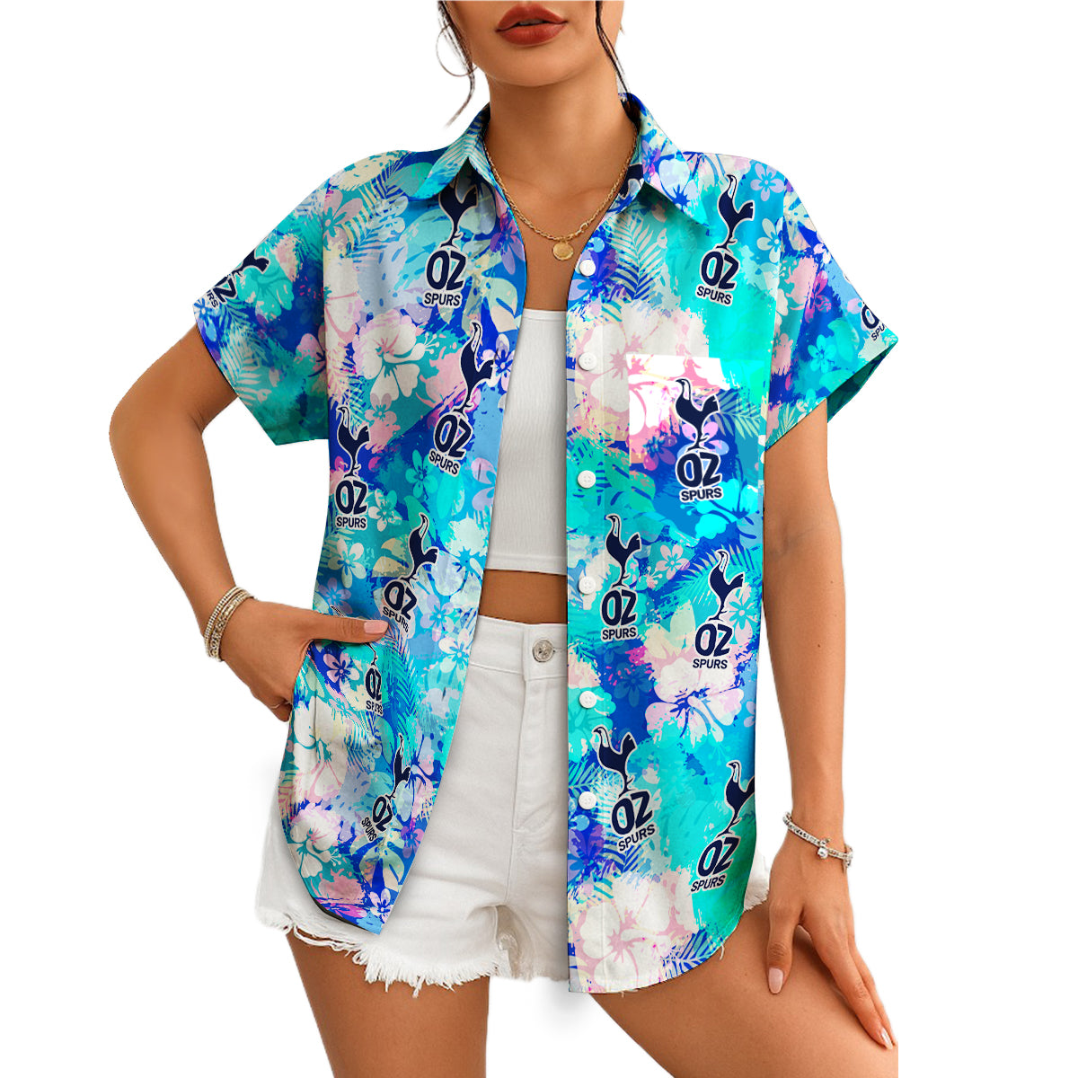 Blue tropical hibiscus personalised logo Hawaiian shirt mockup variant 4