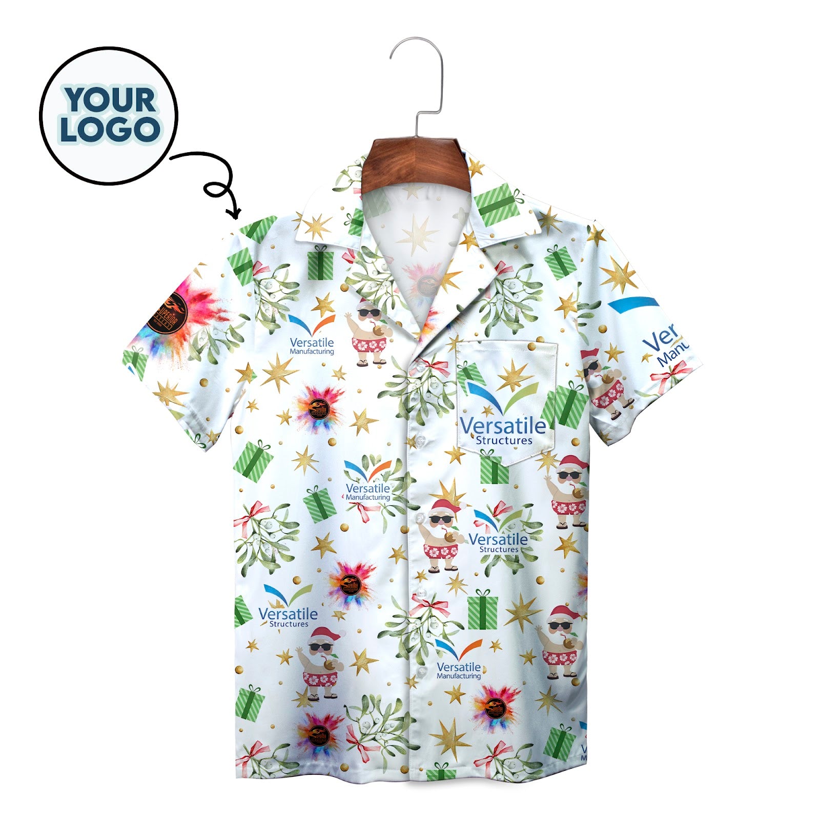 White Hawaiian shirt with Santa mistletoe gifts company logos