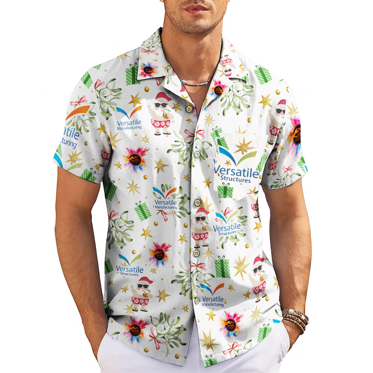 White Hawaiian shirt with Santa mistletoe gifts company logos variant 3