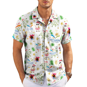 White Hawaiian shirt with Santa mistletoe gifts company logos variant 3