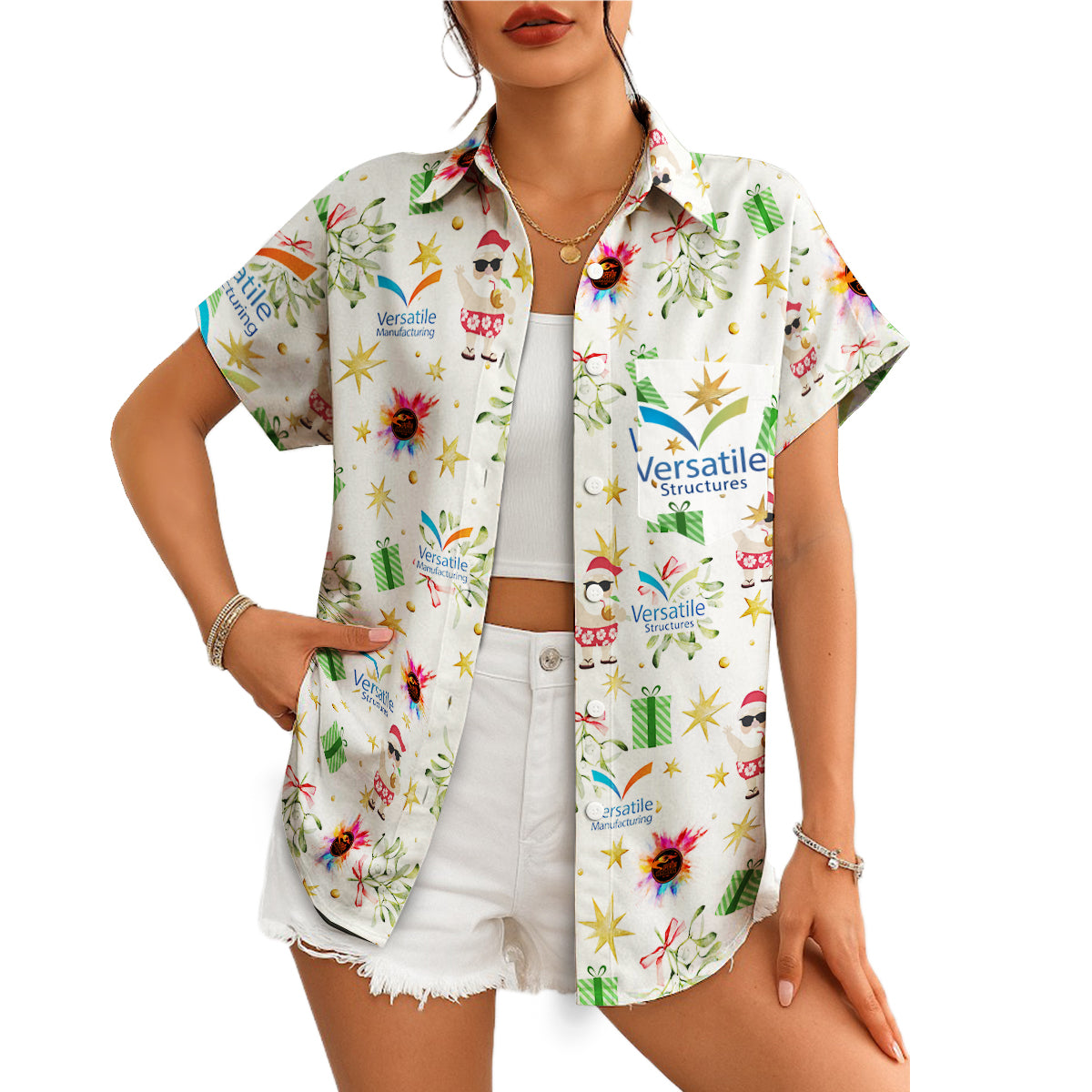 White Hawaiian shirt with Santa mistletoe gifts company logos variant 4