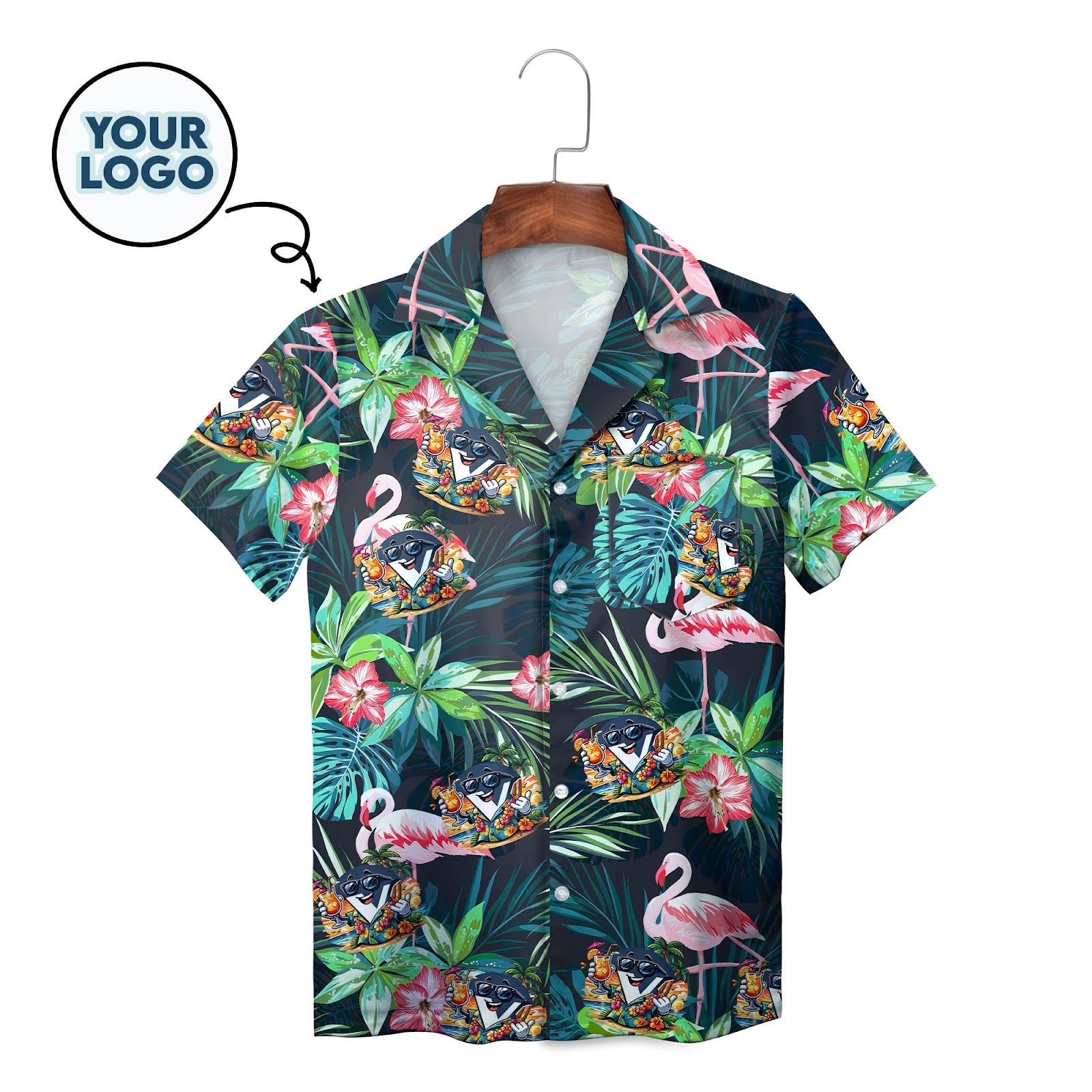 Navy tropical Hawaiian shirt flamingos monstera custom logo
