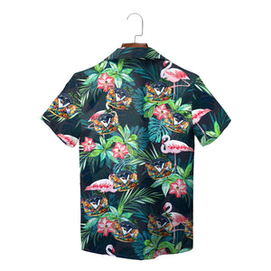 Navy tropical Hawaiian shirt flamingos monstera custom logo variant 2