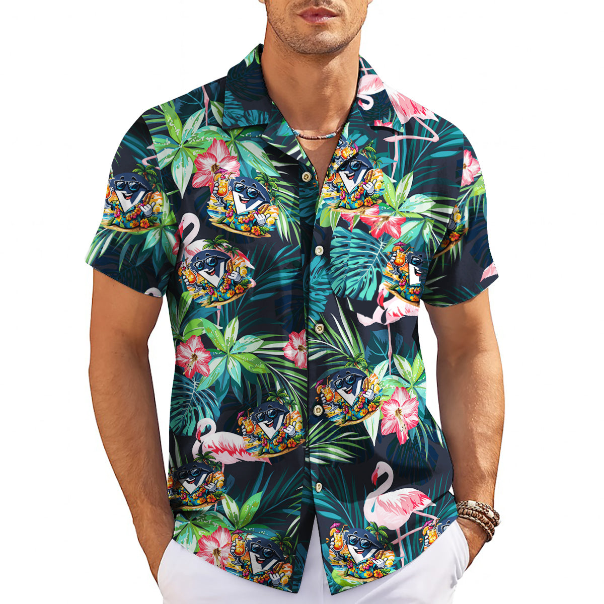 Navy tropical Hawaiian shirt flamingos monstera custom logo variant 3