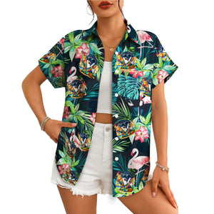 Navy tropical Hawaiian shirt flamingos monstera custom logo variant 4