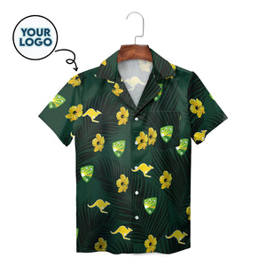Green Hawaiian shirt with gold kangaroos hibiscus palm print