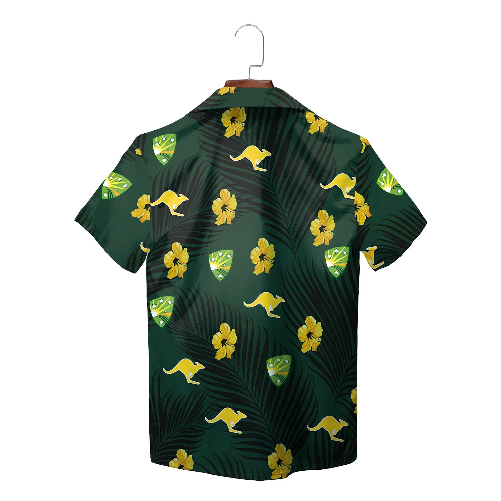 Green Hawaiian shirt with gold kangaroos hibiscus palm print variant 2