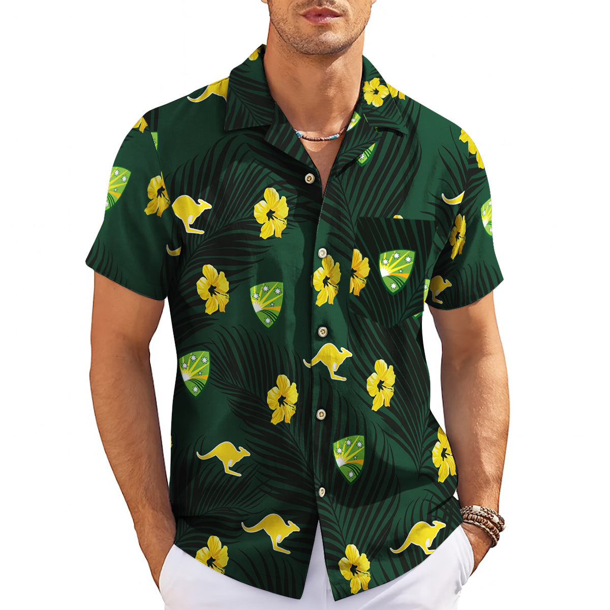 Green Hawaiian shirt with gold kangaroos hibiscus palm print variant 3