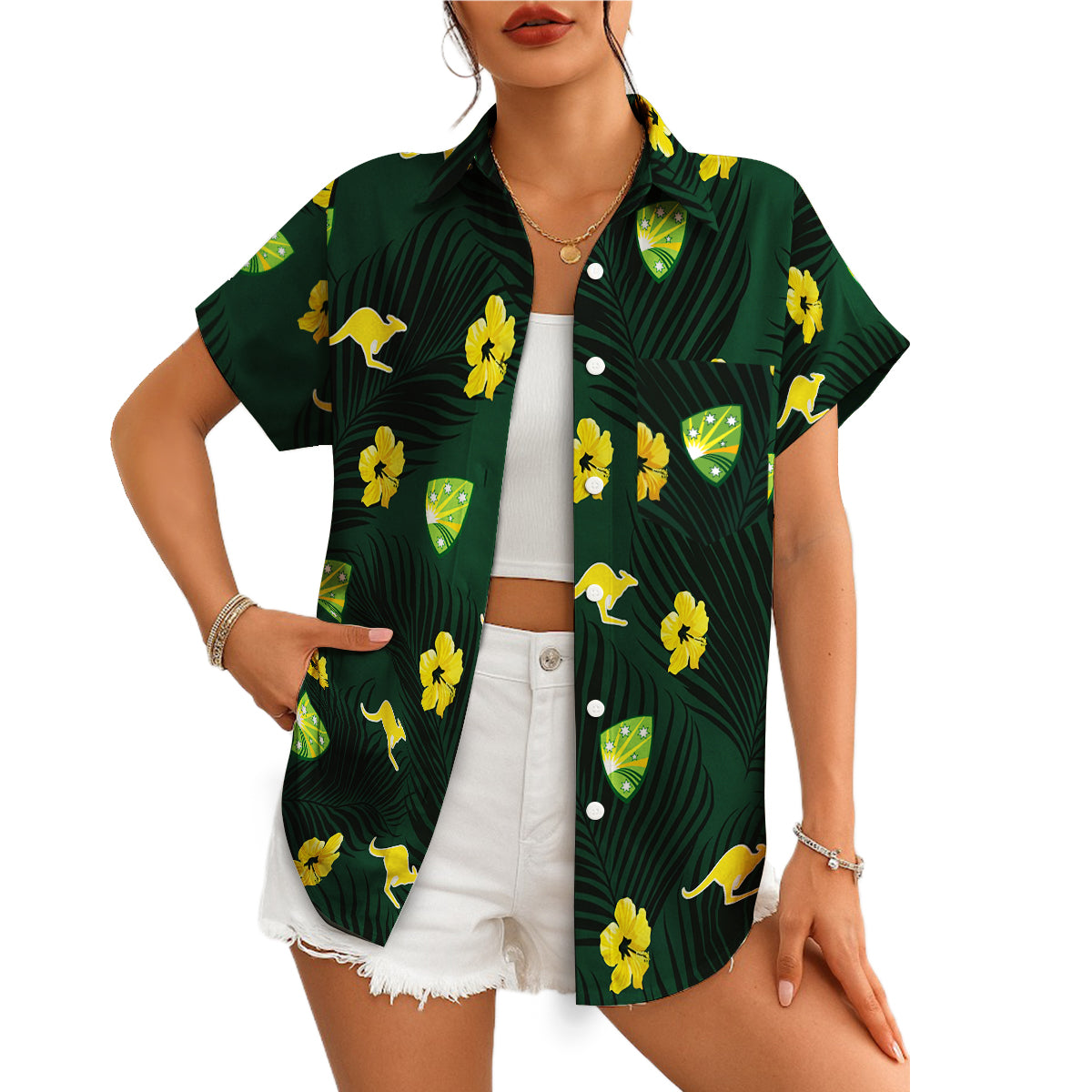 Green Hawaiian shirt with gold kangaroos hibiscus palm print variant 4