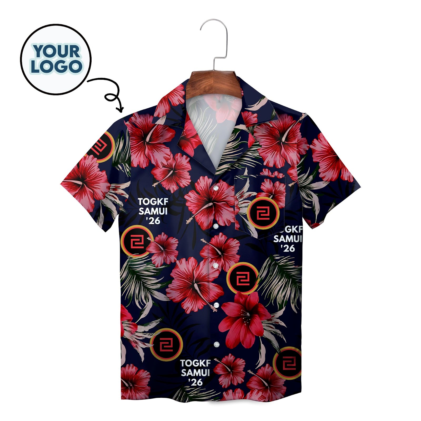 Navy floral Hawaiian shirt with red hibiscus and custom logo