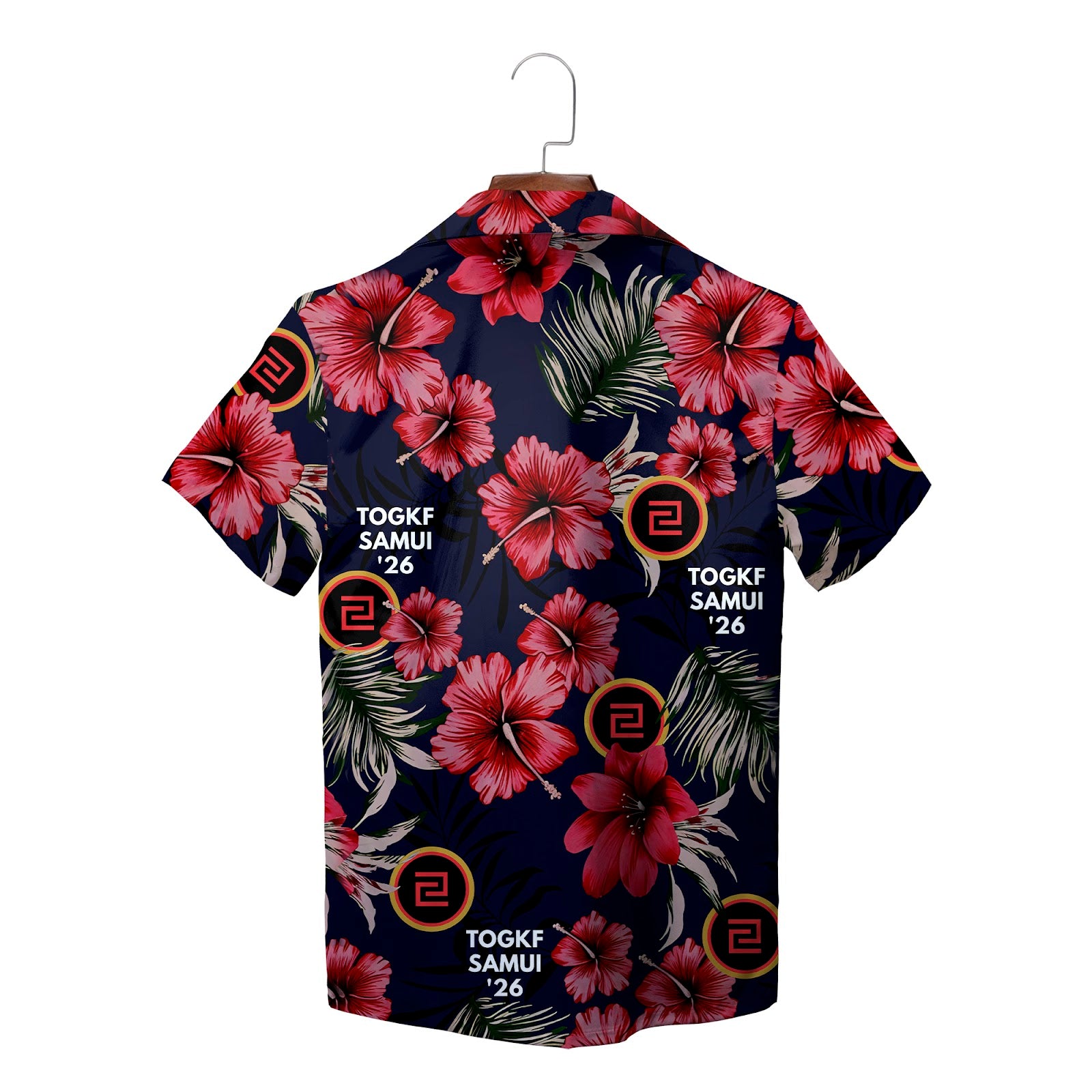 Navy floral Hawaiian shirt with red hibiscus and custom logo variant 2