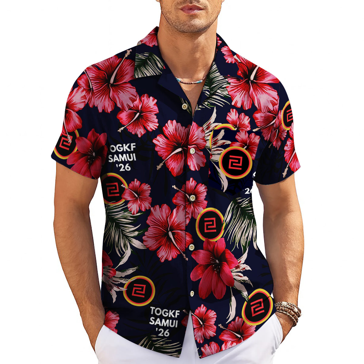 Navy floral Hawaiian shirt with red hibiscus and custom logo variant 3