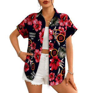 Navy floral Hawaiian shirt with red hibiscus and custom logo variant 4